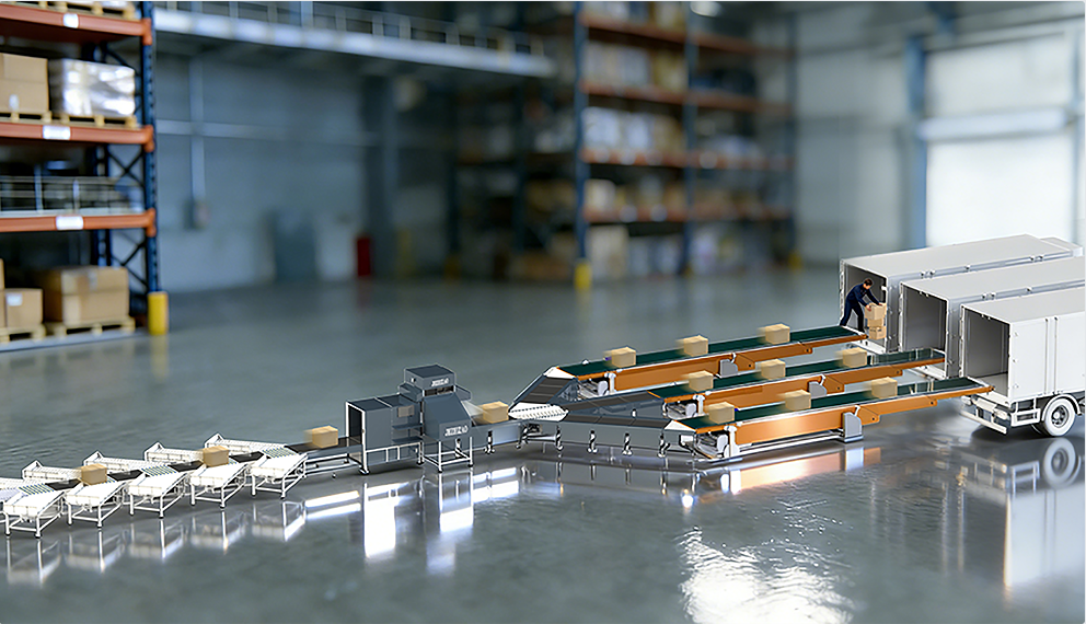 Three-inlet Confluent Parcel Scanning, Dimensioning & Sorting Machine